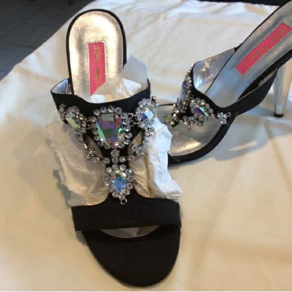 Betsey Johnson Black Jeweled Slide Mules